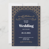 Royal Blauw Goud Kant QR Code Moslim Huwelijk Kaart (Voorkant)