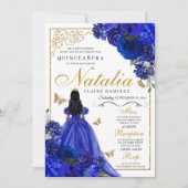 Royal Blauw Goud Prinses & Vlinders Quinceañera Kaart (Voorkant)