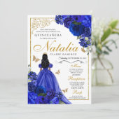 Royal Blauw Goud Prinses & Vlinders Quinceañera Kaart (Staand voorkant)