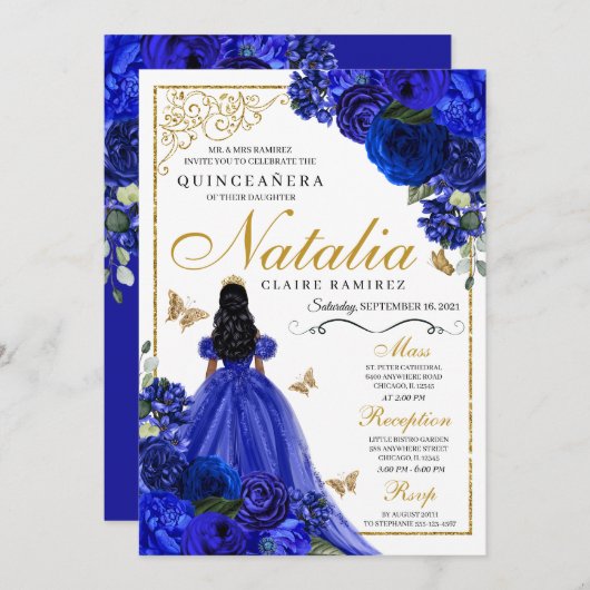 Royal Blauw Goud Prinses & Vlinders Quinceañera Kaart (Voorkant / Achterkant)