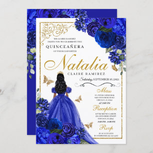 Royal Blauw Goud Prinses & Vlinders Quinceañera Kaart