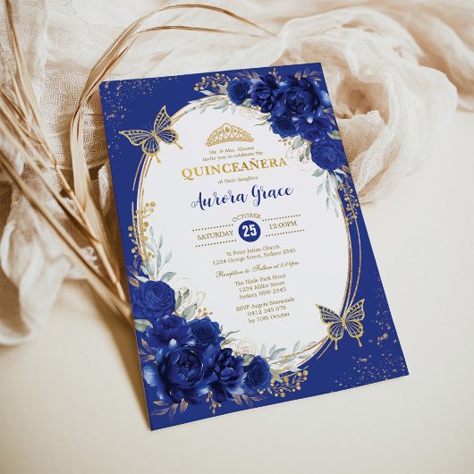 Royal Blauw Goud Quinceañera Bloemenvlinder Tiara Kaart