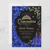 Royal Blauw Goud Rozen Vlinders Quinceanera Kaart (Voorkant)