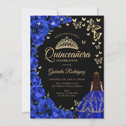 Royal Blauw Goud Rozen Vlinders Quinceanera Kaart (Voorkant)