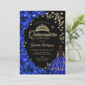 Royal Blauw Goud Rozen Vlinders Quinceanera Kaart (Staand voorkant)