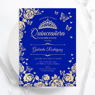 Royal Blauw Goud Rozen Vlinders Quinceanera Kaart