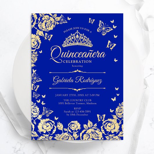 Royal Blauw Goud Rozen Vlinders Quinceanera Kaart