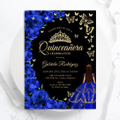 Royal Blauw Goud Rozen Vlinders Quinceanera Kaart