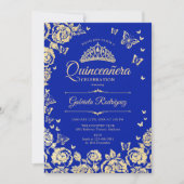 Royal Blauw Goud Rozen Vlinders Quinceanera Kaart (Voorkant)