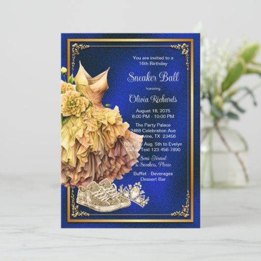 Royal Blauw Goud Sneaker Bal Kaart (Staand voorkant)