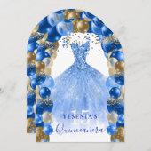 Royal Blauw Goud Sparkle Jurk Quinceañera Ballon Kaart (Voorkant / Achterkant)