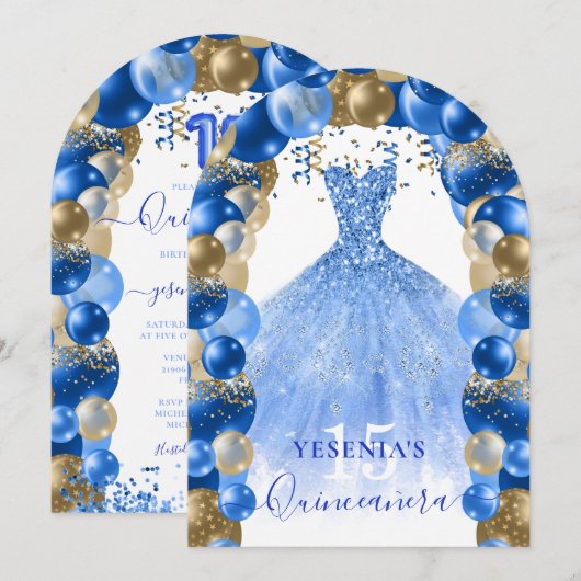 Royal Blauw Goud Sparkle Jurk Quinceañera Ballon Kaart (Voorkant / Achterkant)