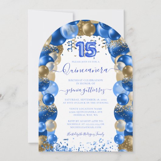 Royal Blauw Goud Sparkle Jurk Quinceañera Ballon Kaart (Achterkant)