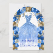 Royal Blauw Goud Sparkle Jurk Quinceañera Ballon Kaart (Voorkant)