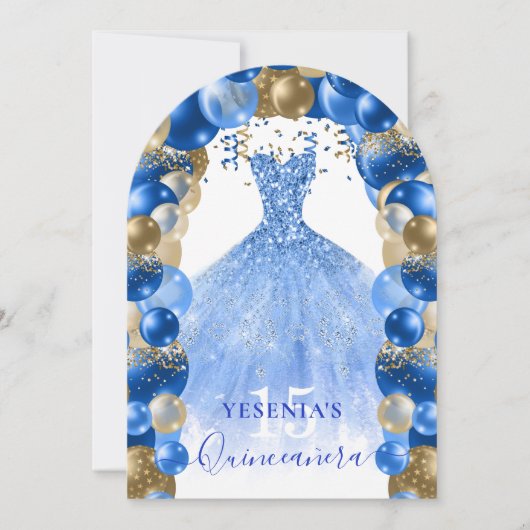 Royal Blauw Goud Sparkle Jurk Quinceañera Ballon Kaart (Voorkant)