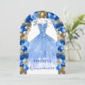 Royal Blauw Goud Sparkle Jurk Quinceañera Ballon Kaart (Staand voorkant)