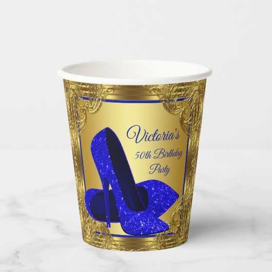Royal Blauw Goud Verjaardagsfeestje Papier Cups Papieren Bekers (Voorkant)