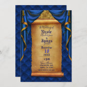 Royal Blauw & Gouden Drapes Scroll Bruiloft Kaart (Voorkant / Achterkant)