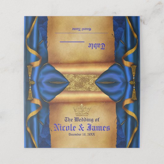 Royal Blauw & Gouden Drapes Scroll Tafel Plaatskaartje (Buitenkant ongevouwen)