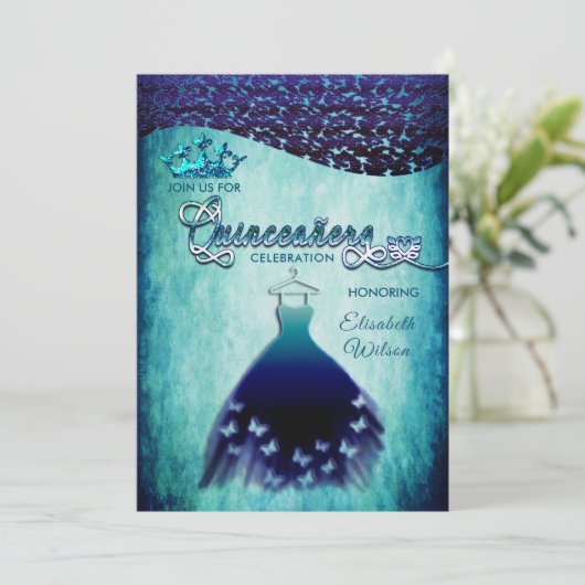 Royal blauw  jurk damask tiara Quinceañera Kaart (Staand voorkant)