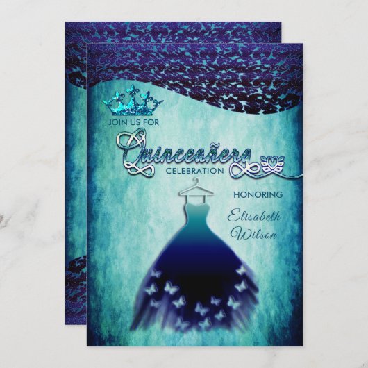 Royal blauw  jurk damask tiara Quinceañera Kaart (Voorkant / Achterkant)