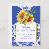 Royal Blauw Kant Zonnebloem Bruiloft Kaart (Voorkant)