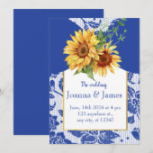 Royal Blauw Kant Zonnebloem Bruiloft Kaart (Voorkant / Achterkant)