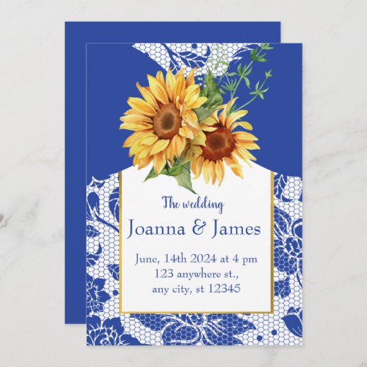 Royal Blauw Kant Zonnebloem Bruiloft Kaart (Voorkant / Achterkant)