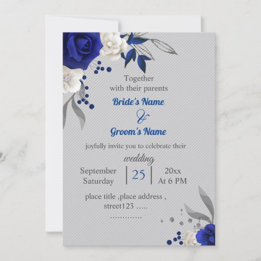 Royal blauw wit bloemen bladeren grijs bruiloft kaart (Voorkant)