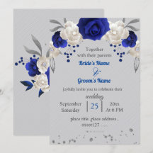 Royal blauw wit bloemen bladeren grijs bruiloft
