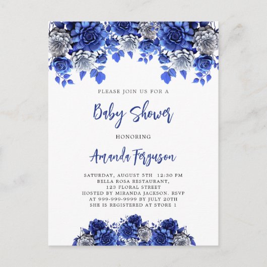 Royal blauw wit bloemen jongen baby shower uitnodiging briefkaart (Voorkant)