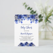 Royal blauw wit bloemen jongen baby shower uitnodiging briefkaart (Staand voorkant)