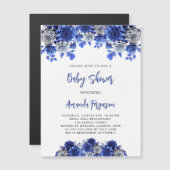 Royal blauw wit bloemen jongen luxe baby shower magnetische uitnodiging (Voorkant / Achterkant)