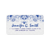 Royal Blauw & Wit  Bloemen Kant & Damasks Etiket (Voorkant)