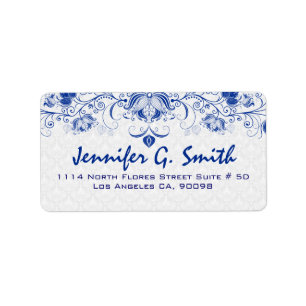 Royal Blauw & Wit  Bloemen Kant & Damasks Etiket