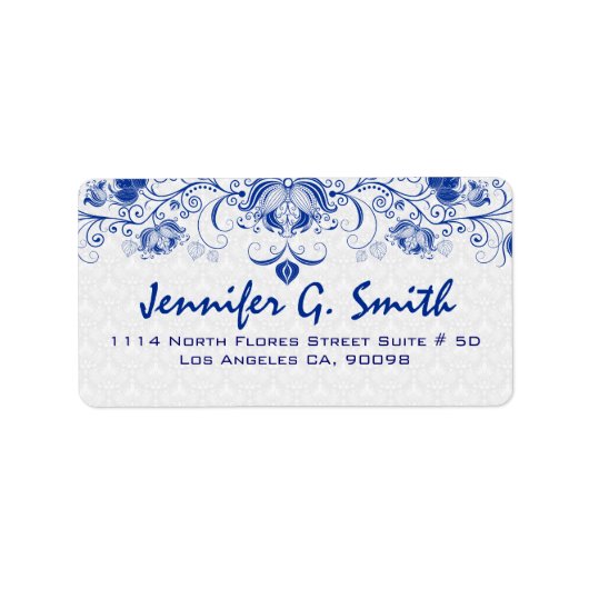 Royal Blauw & Wit  Bloemen Kant & Damasks Etiket (Voorkant)