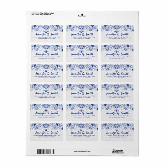 Royal Blauw & Wit  Bloemen Kant & Damasks Etiket (Full Sheet)