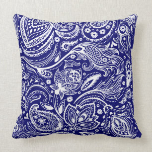Royal Blauw & Wit  Bloemen Paisley Kussen