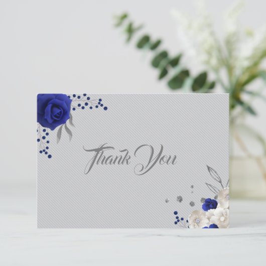Royal blauw wit bloemen zilver grijs dank u bedankkaart (Staand voorkant)
