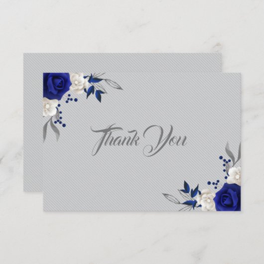 Royal blauw wit bloemen zilver grijs dank u bedankkaart (Voorkant / Achterkant)