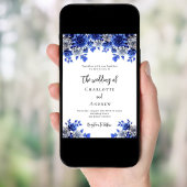 Royal blauw wit bloemetjes bruiloft kaart