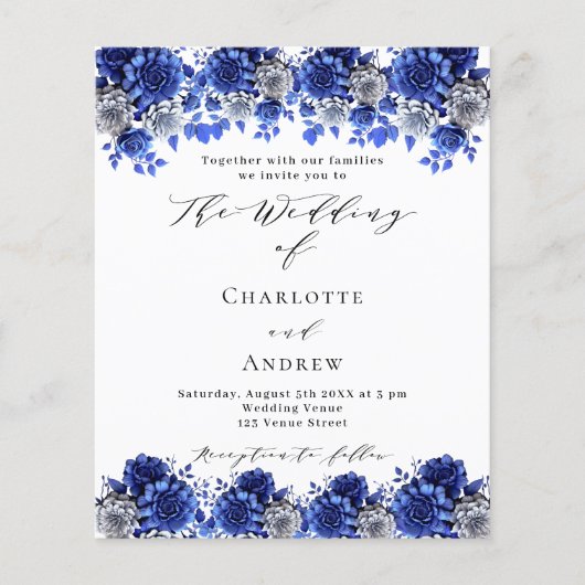 Royal blauw wit bloemetjes budget bruiloft uitnodi (Voorkant)
