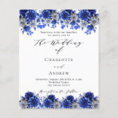 Royal blauw wit bloemetjes budget bruiloft uitnodi flyer (Voorkant)