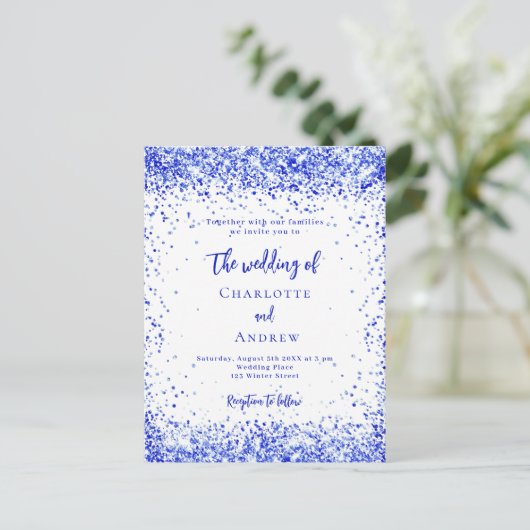 Royal blauw wit confetti bruiloft uitnodiging briefkaart (Staand voorkant)