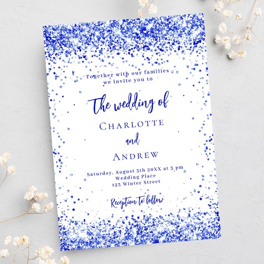 Royal blauw wit confetti luxe bruiloft kaart