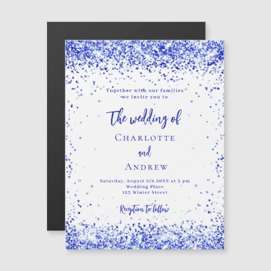 Royal blauw wit confetti luxe bruiloft magnetische uitnodiging (Voorkant / Achterkant)