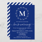 Royal Blauw Wit Krans Monogram Huis Warming Aankondiging (Voorkant / Achterkant)