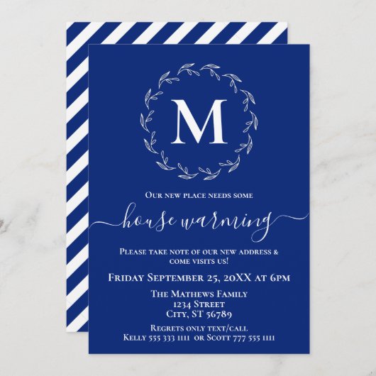 Royal Blauw Wit Krans Monogram Huis Warming Aankondiging (Voorkant / Achterkant)