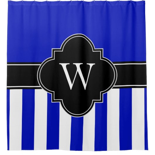 Royal Blauw Wit LG Streep 1ICBR Zwart Monogram Douchegordijn (Voorkant)