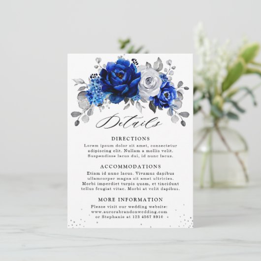 Royal Blauw Wit Metallic Zilver Bloemen Details En Informatiekaartje (Staand voorkant)